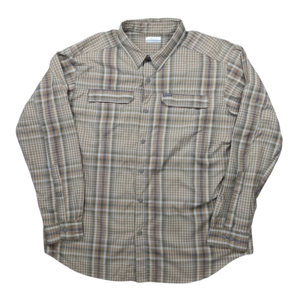 Columbia Plaid Button Up Mens XL Brown Omni-Shade Hiking Fishing Shirt Outdoor